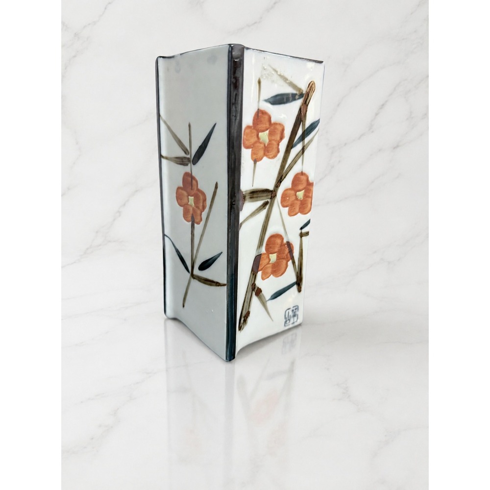 Vintage Japanese Square Ceramic Flower Vase Hand Painted Orange Floral Bamboo 7"